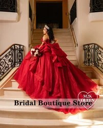 New Design Red Quinceanera Dress 2024 With Bow Beads Crystals Pleats Ball Gown Flowers Appliques Vestidos De 15 Años