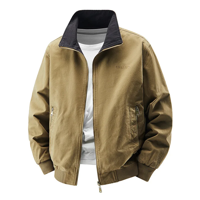 

Autumn Men Coat Vintage Letter Embroidery Stand Collar Male Bomber Jacket Long Sleeve Zipper Casual Man Two-sided Outerwear