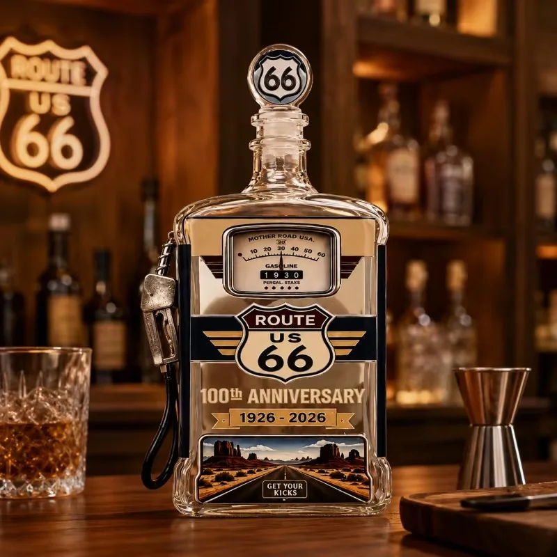 Route 66 100th Anniversary Gas Pump Style Glass Whiskey Decanter Vintage US Highway Liquor Bottle Home Bar DecorCollectible Gift