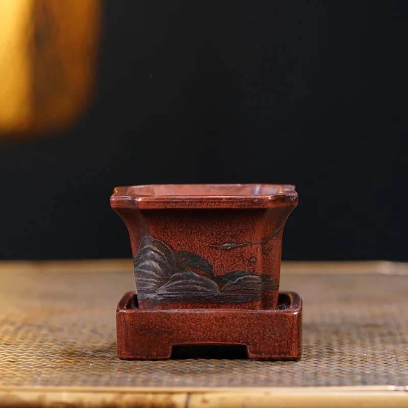 yesCeramic Square Bonsai Flower Pot Handmade Collection With Pallet