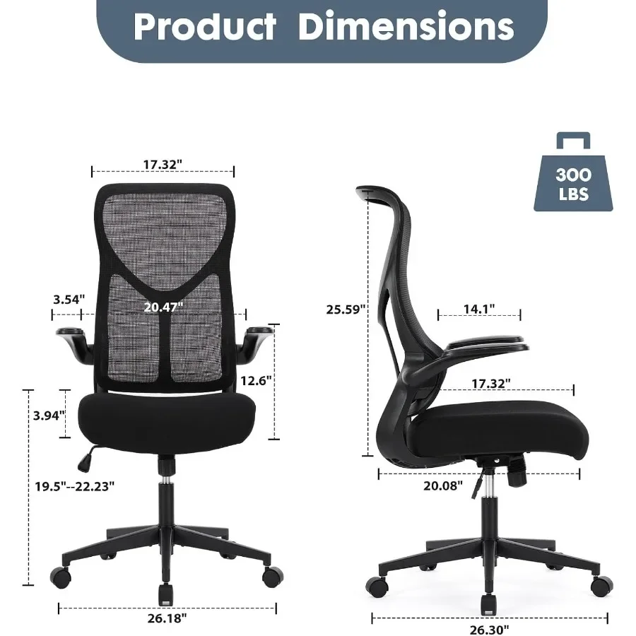 Home office ergonomic mesh desk chair with 3D armrests, headrest, dynamic lumbar support, lockable tilt, breathable black fabri