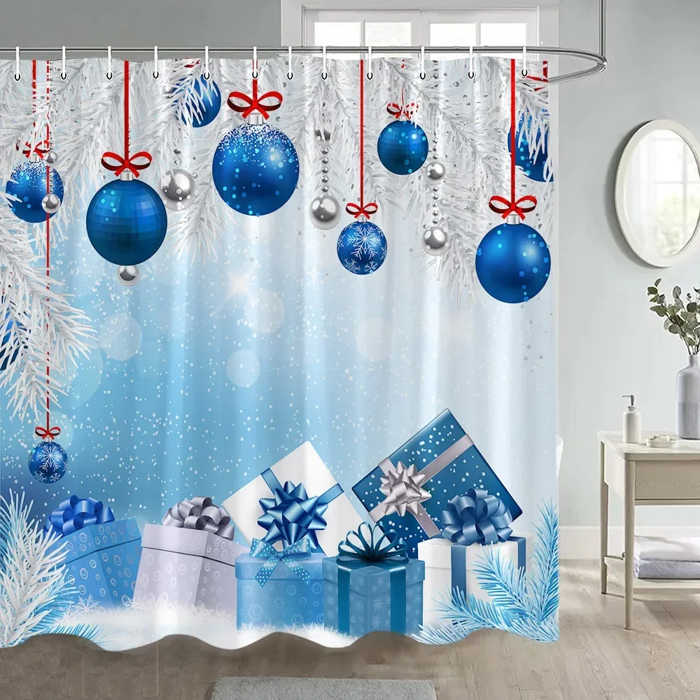 Christmas Shower Curtain Green Pine Branches Xmas Balls New Year Home Decor Polyester Fabric Bathroom Bath Curtains with Hooks