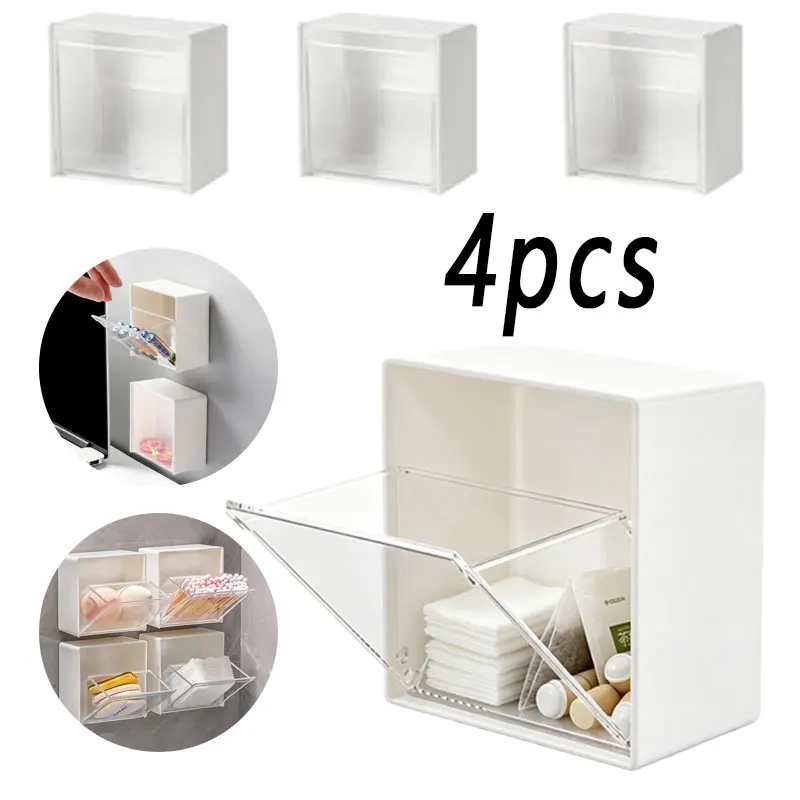 Wall-Mounted Flap Storage Box Cotton Swabs Makeup Adhesive Small Jewelry Holder Box Bathroom Organizer Home Supplies Storage Box