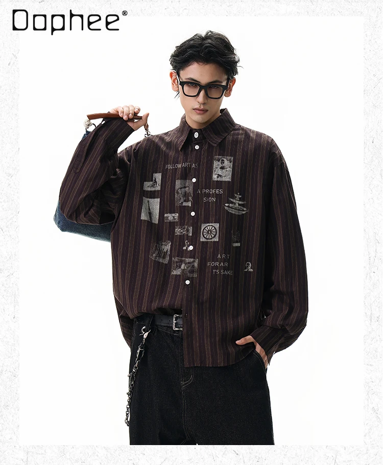 

2025 весенне-осенняя уличная рубашка в полоску с принтом кофейного цвета, мужская повседневная свободная рубашка абрикосового цвета в американском стиле