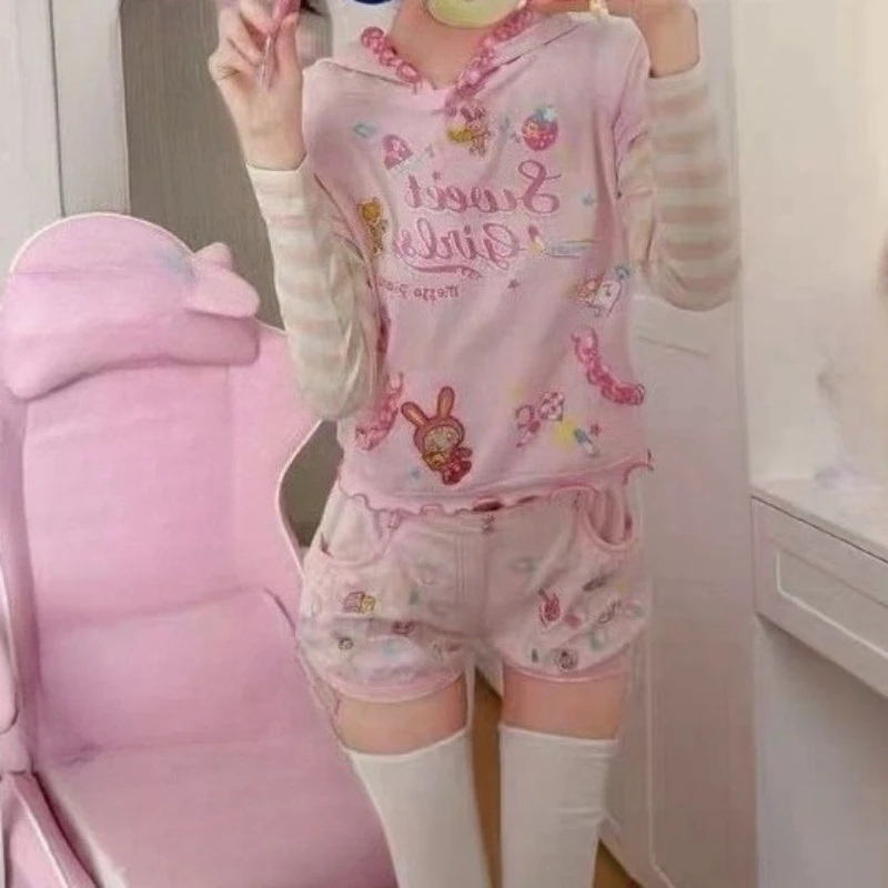 Japanese Sweet Fake Two Pieces Cartoon Embroidery T-shirt Women Y2k Aesthetic Stripe Patchwork Tees Grunge Kawaii Cute Tshirts