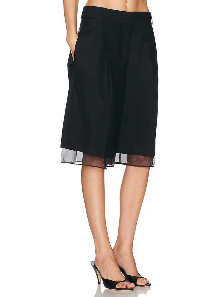 Women's high-waisted suit five-pocket wide-leg pants. Elasticized cuffs made of organza. Business casual slim-fit pants.