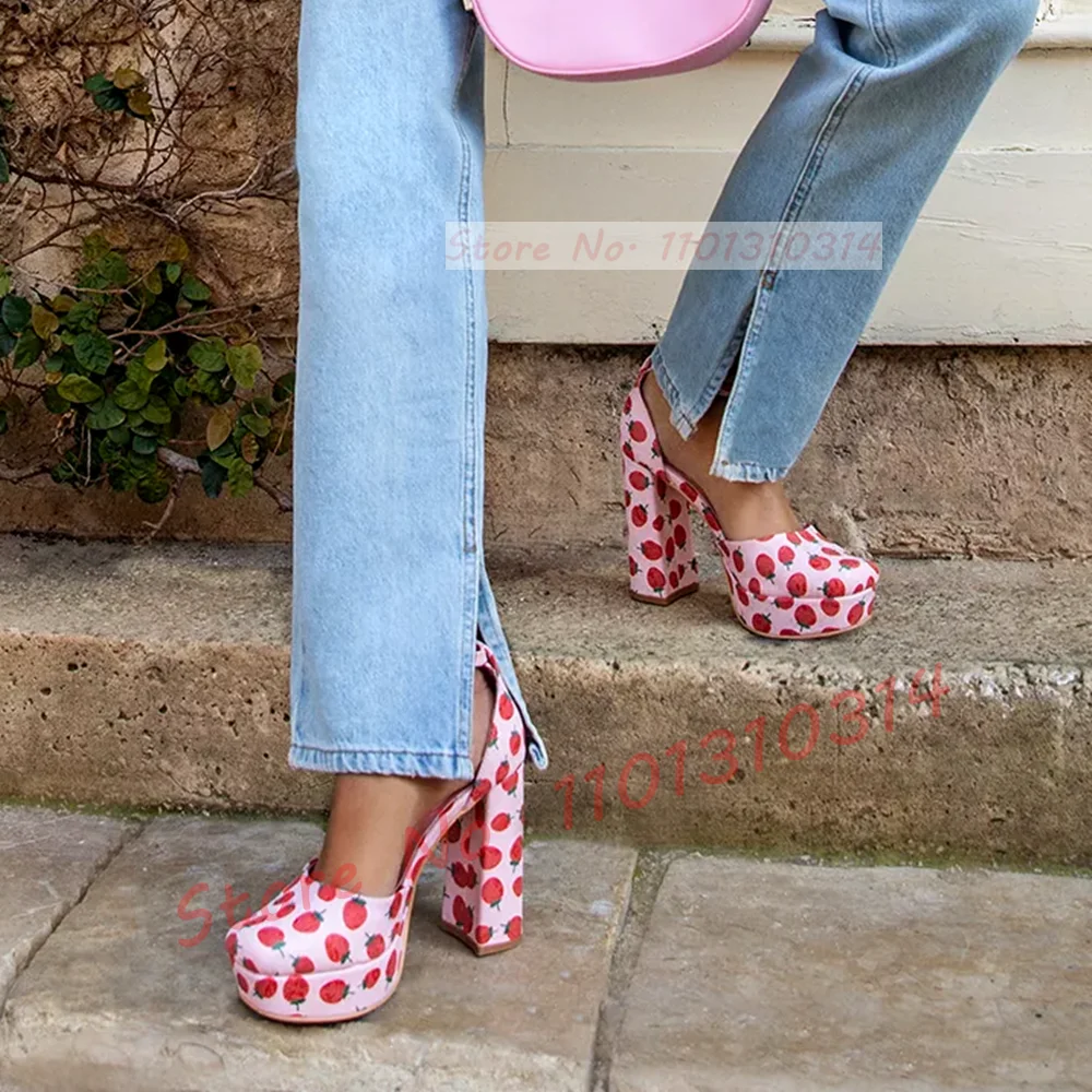 Fruit Print Platform Sandals Women Sweet High Block Heels Round Tip Shoes Summer Hot Light Pink Ladies Ankle Strap Newest Shoes