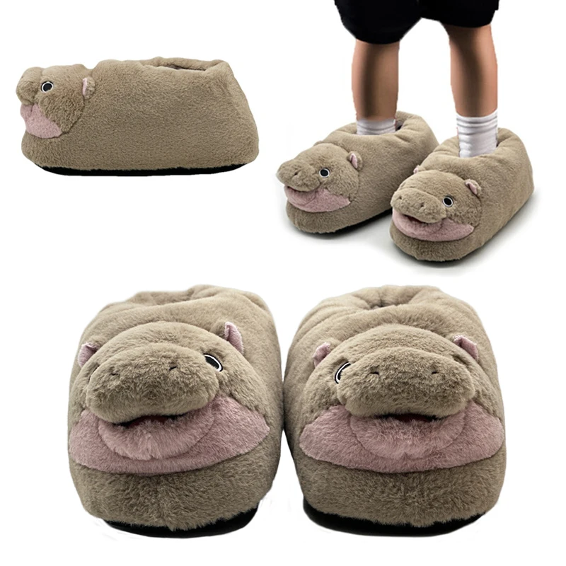 

Moo Deng Hippo Plush Internet Celebrity Hippopotamus Slippers Fun Home Plush Slippers In One Size Fits All Christmas Gift