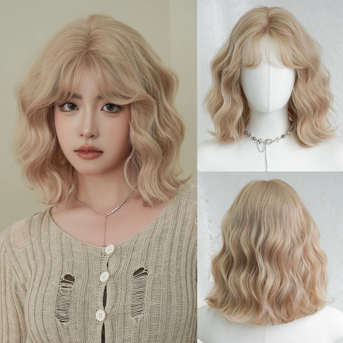 7JHH WIGS Short Water Wave Blonde Wig for Women Synthetic Modest Fashion Middle Part Wear and Go Wigs with Curtain Bangs
