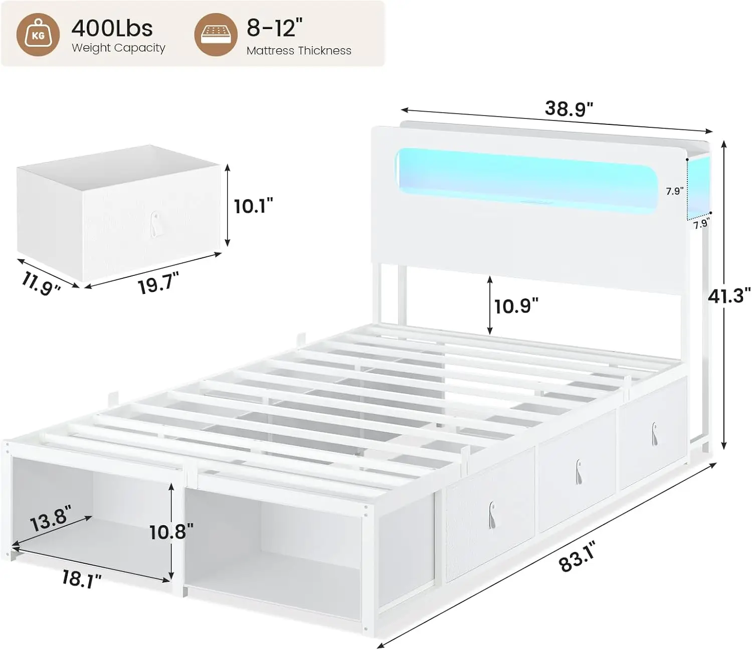 Twin Bed Frame 6 Storage Drawers LED Headboard White Kids Girls Bed Power Outlets RGB Lights 2 Footboard Cubbies Space Saving No