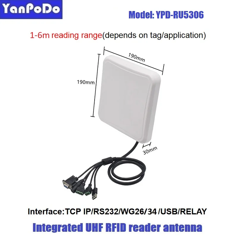 Yanpodo 5-6m Uhf Rfid Reader Long Range Built in 6dbi Circular Antenna RS232 WG26 USB RELAY Ethernet for Vehicle Management