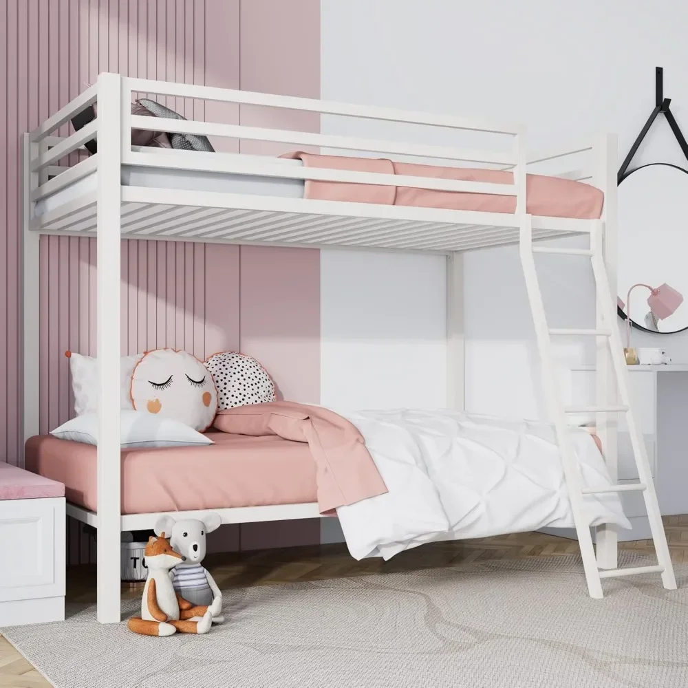 

Twin Metal Bunk Bed Suitable for Teenagers, Industrial Twin Bunk Bed Frame with Inclined Stairs and Full-length Guardrails