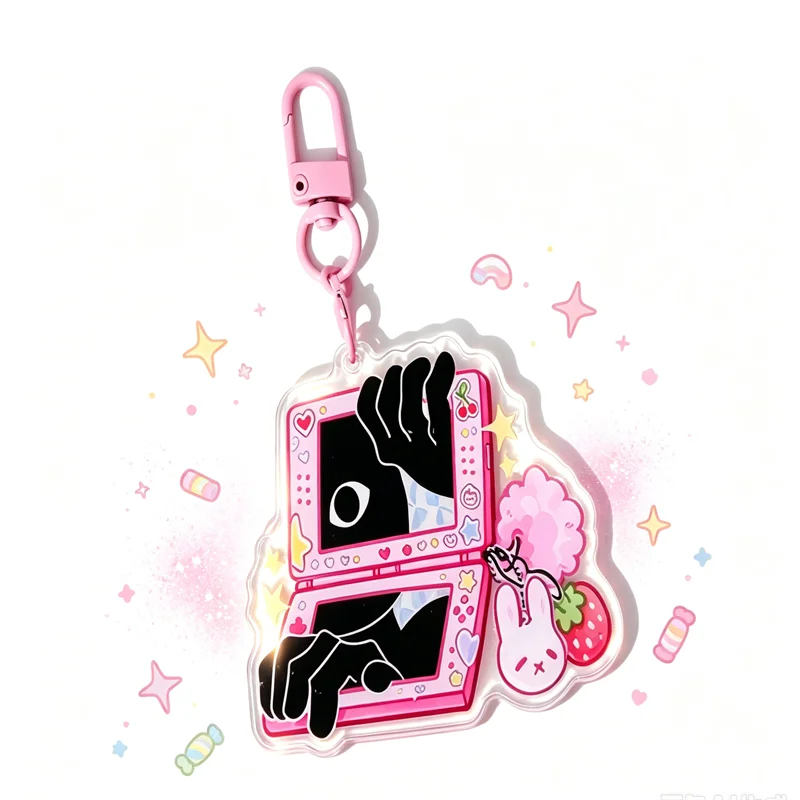 Pink Flip Game Console Creepy Ghost Acrylic Keychain Weirdcore Pastel Goth Bunny Strawberry Dangle Bag Charm Y2K Spooky Pendant