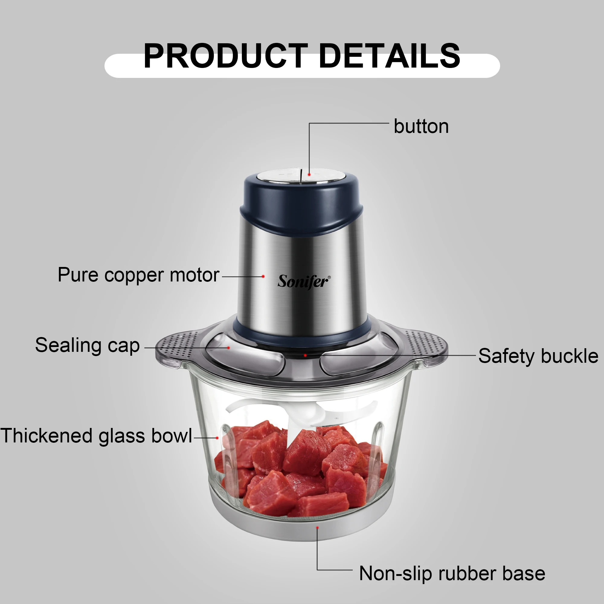 2 Speeds Electric Chopper Meat Grinder 2.5L Glass Mincer Food Processor Slicer Egg Beater Vegetable Meat Grinder 400W Sonifer