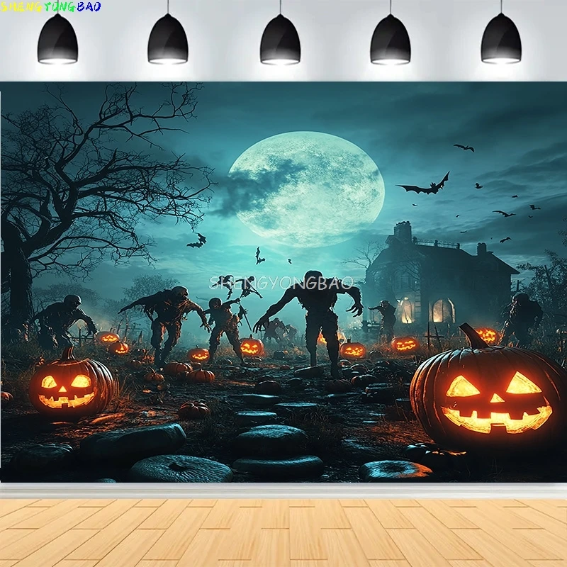 

Pumpkins Halloween Day Spooky Backdrop Props Lanterns Cobwebs Creepy Wicked Eerie Evil Scary Dark Night Forest Background VC-04