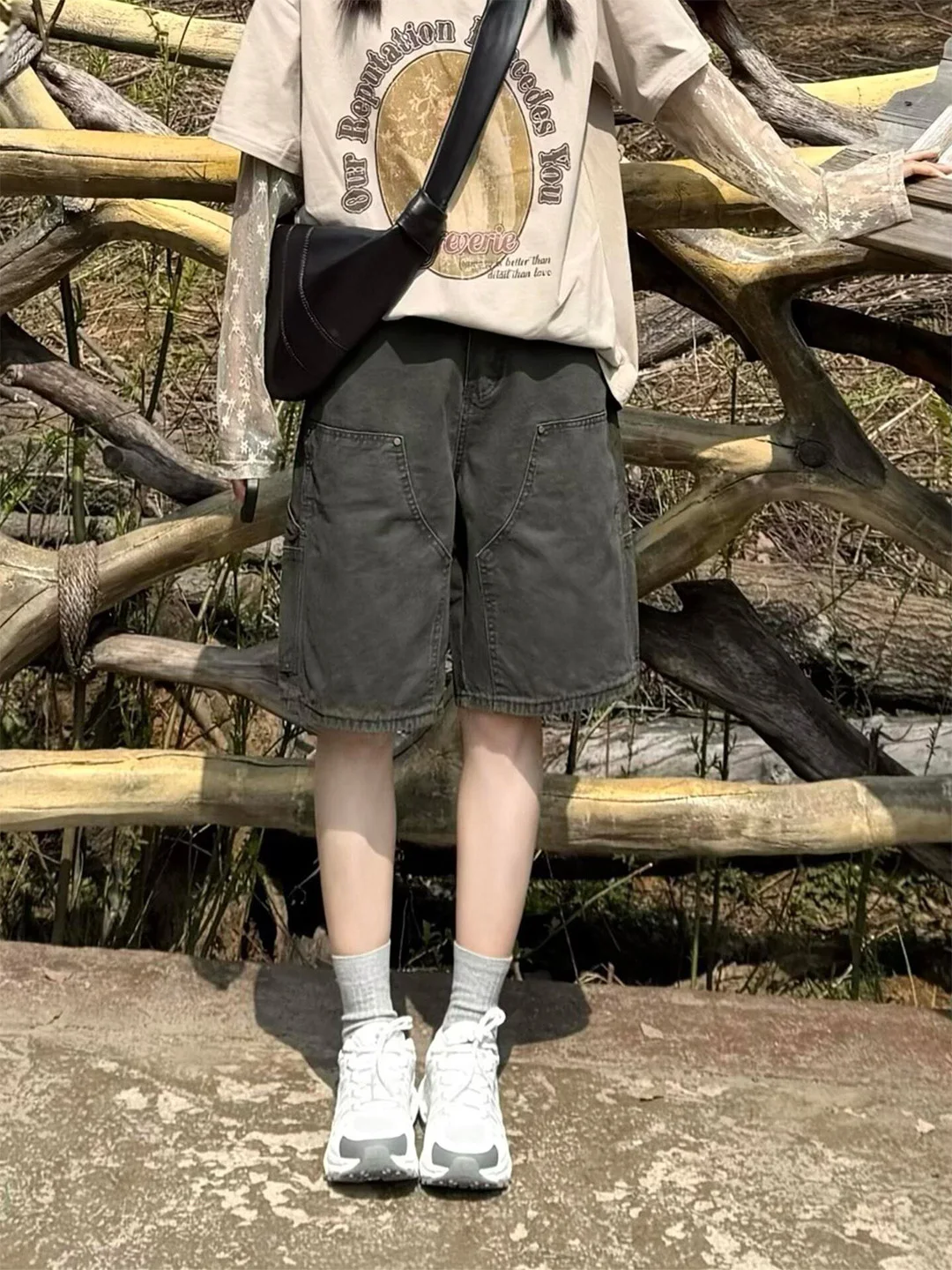 

American Style Multi-Pocket Military Green Straight Leg Workwear Five-Quarter Denim Pants Women's Loose Wide Leg Mid-Length S...