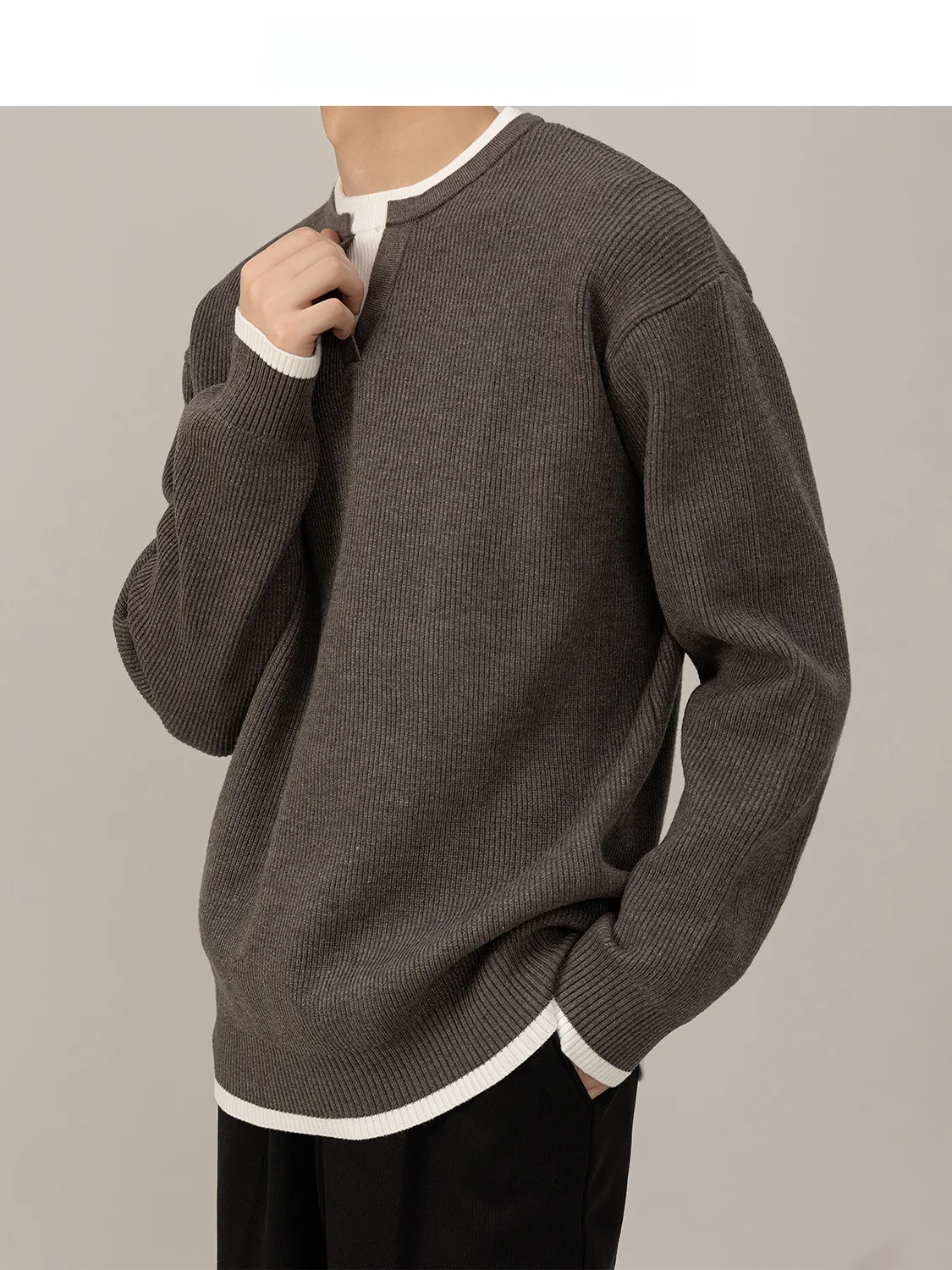 Casual Knitted Sweater V-Neck Trendy Warm Commute Friendly Winter New Style Fake Two-Piece Men's Loose Fit Long Sleeve Top