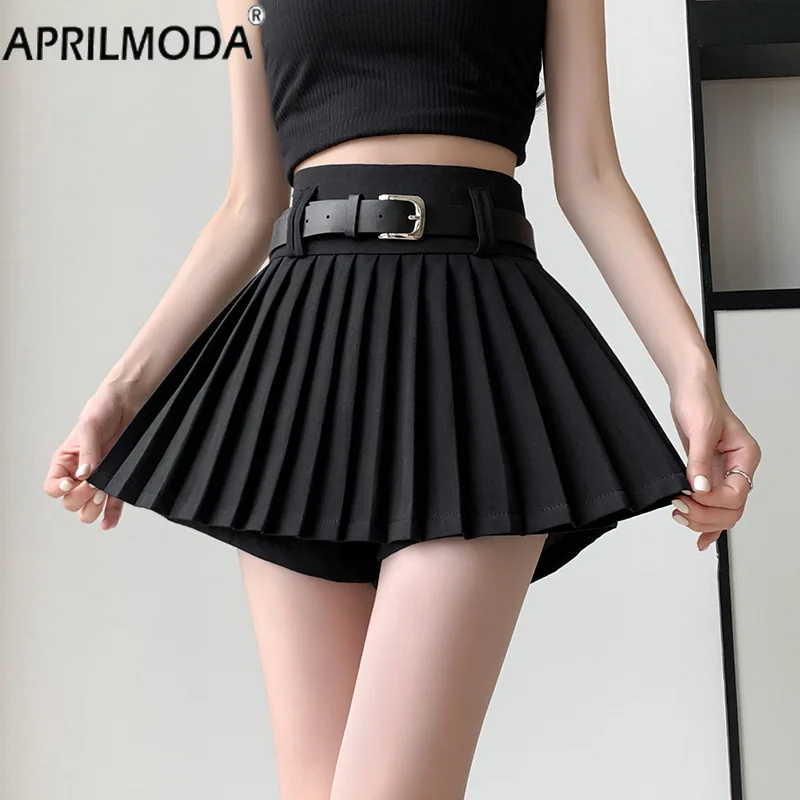 Solid White Black High Waist Mini Pleated Skirt JK A-Line Clubwear High Waist Harajuku Kawaii Teen-girl Tennis Skirts With Belt