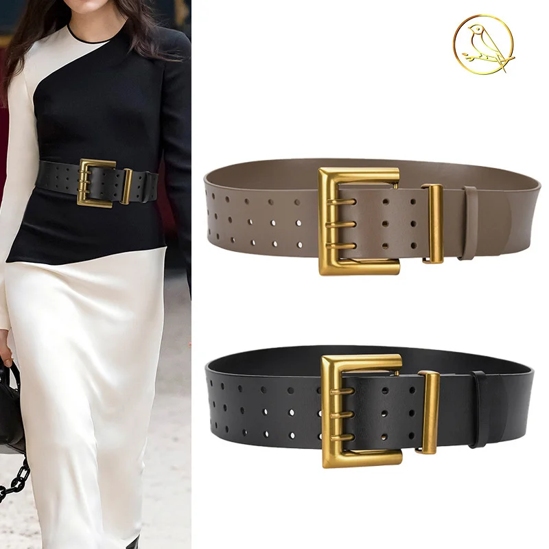 

100% genuine real leather Three row buckle belt super wide coat waist seal personalized pin decoration fashionable women's