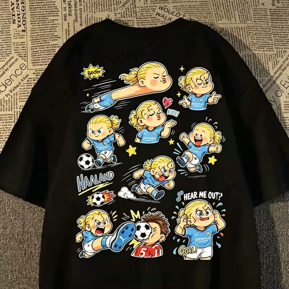 Cartoon Multi-mood Haaland Manchester City Football Star Print Tshirt Unisex Breathable Short Sleeve Street Fashion Fan Apparel
