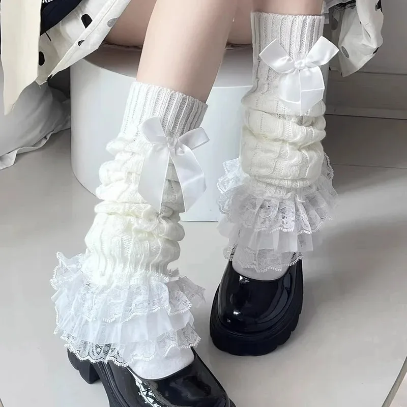1pair Japanese Winter Warm Socks Lolita Lace Warm Leg Knitted Socks Knitted Foot Covers Leg Warmers with Bow for Women