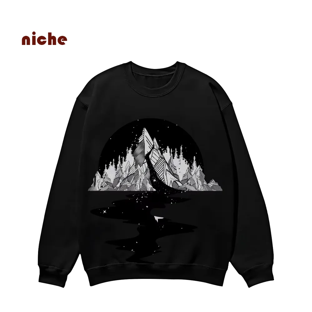 Vintage Neutral Style Sweater Crew Neck Pullover Shoulder Pure Cotton Forest Mountain Print Trend New Long-Sleeved Sweatshirt