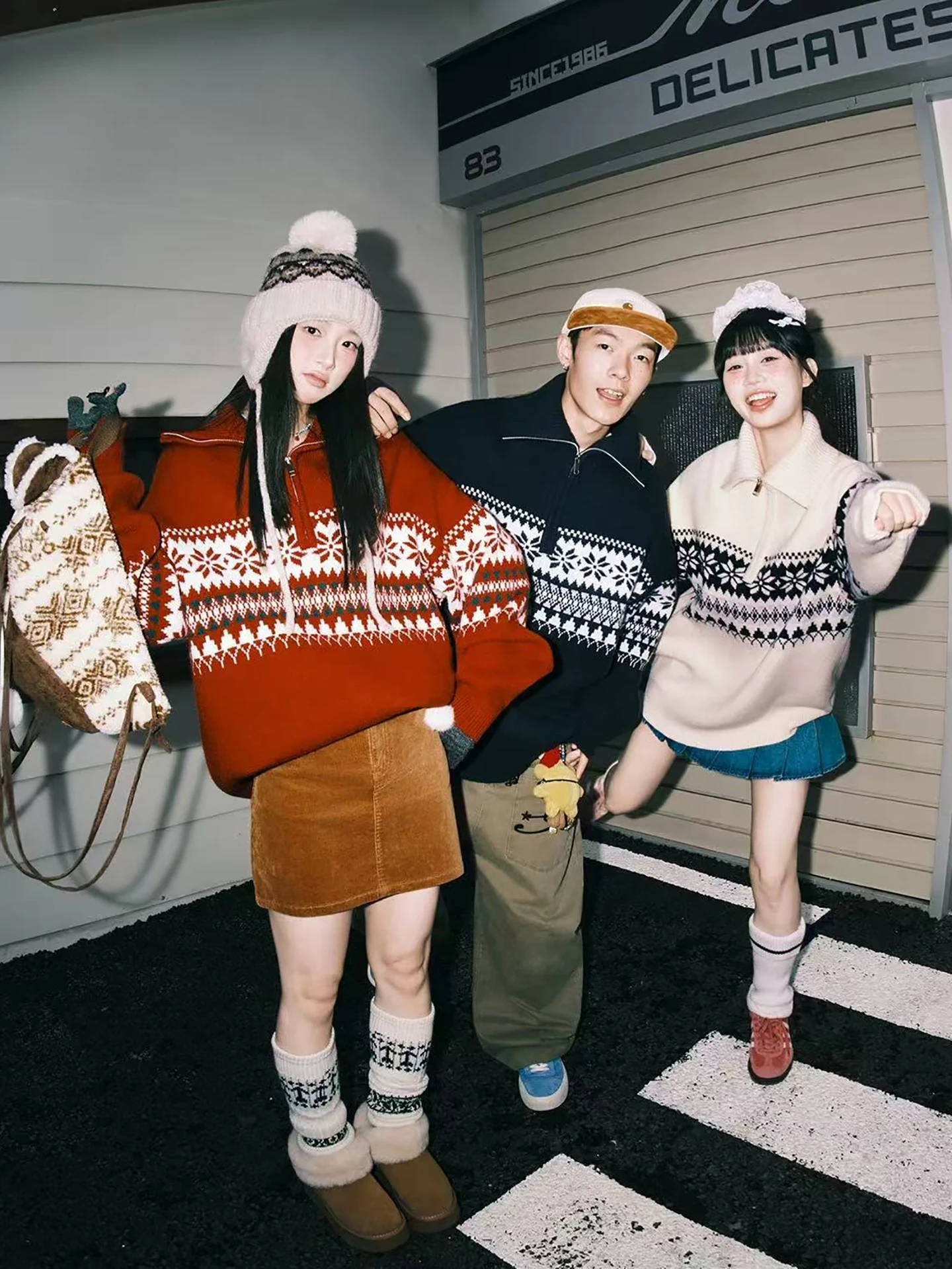 

Casual Loose Knitted Sweater f Zipper ex Autumn Winter Warm Geometric Patterned Couple's Outerwear Soft Long Sve