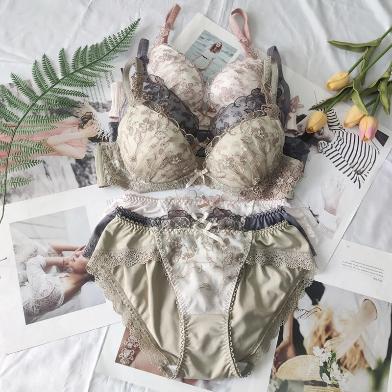 

Lace Floral Low Chicken Heart Lingerie Set Thin Round With Steel Ring Bra Set Women Push Up Large Size Underwear sets