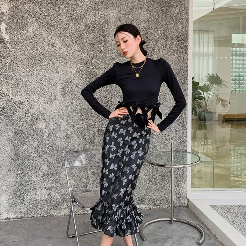 Spring Summer Women's Clothing Fishtail Skirt Sense of Design Gray Black Bow Print High Waist Femininity Temperament Split Skirt