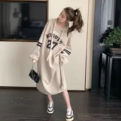 Casual Letter Printing Midi Dress Autumn New Long Sleeve Hooded Solid Loose Plus Size Youth Dresses Fashion Sweet Women Clothing