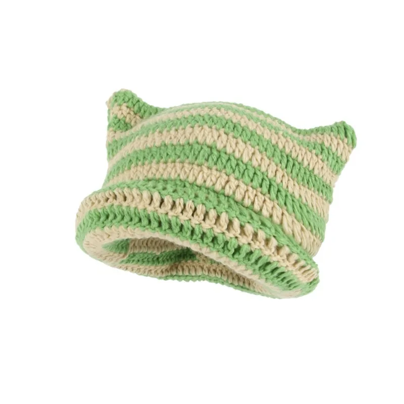 Autumn and Winter New Woolen Hat Japanese Style Little Devil Handmade Stripesd Hat Women's Cat Ears Warm Knitted Pullover Hat... image 5