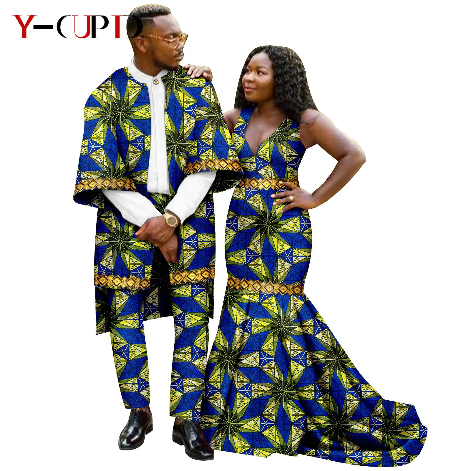 African Print Mermaid Dresses for Women Matching Couple Outfits Dashiki Men Clothes 3 Pieces Shirt Jacket and Pant Sets 24C067