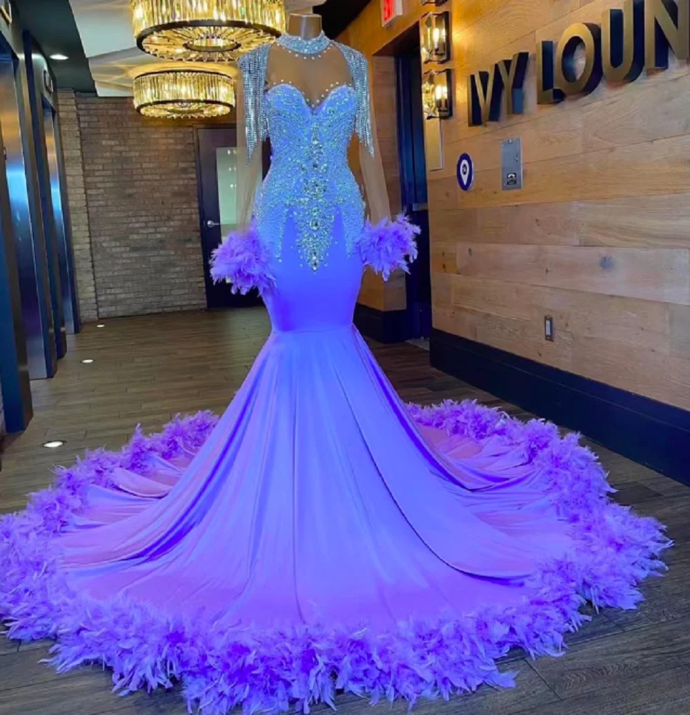 

Афро-американские платья для выпускного вечера Русалка с длинными рукавами и перьями из бисера Черный халат для девочек Вечерние платья Платье по индивидуальному заказу