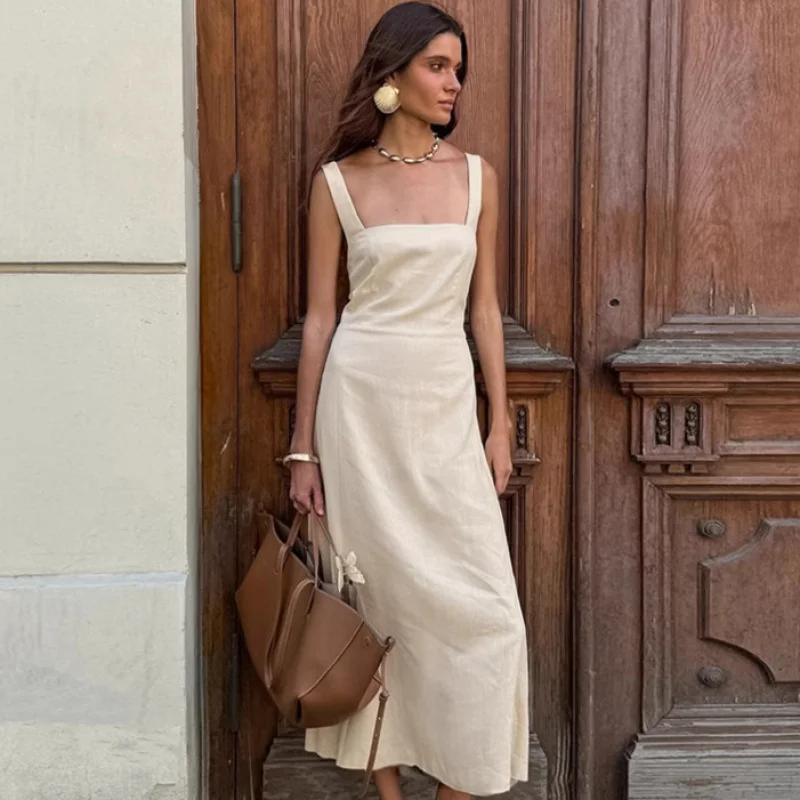 

2025Spring and Summer Fashion New Cotton Linen Square Neck Strap Backless Dress Fashion Wholesale Mid-Length Dress