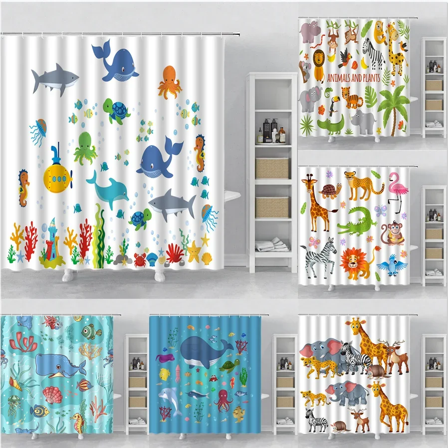 Cartoon Shower Curtain Cute Dolphin Fish Animal Zoo Giraffe Tiger Printing Bathroom Curtains Kids Room Decor Curtain with Hooks