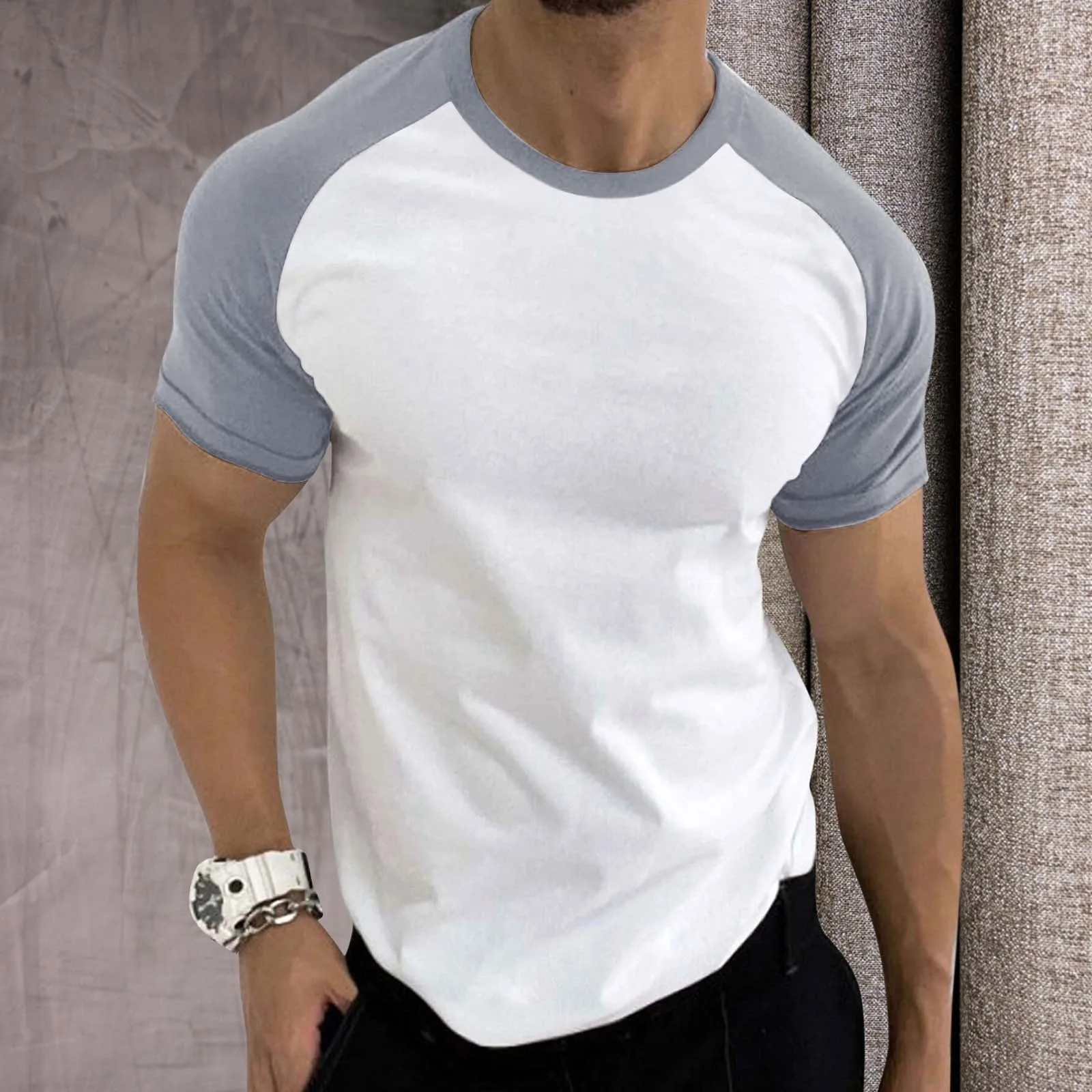 Mens Spring Summer Casual Sports Color Block Raglan Sleeves Round Neck T Shirt Cotton T Shirts Men Soft