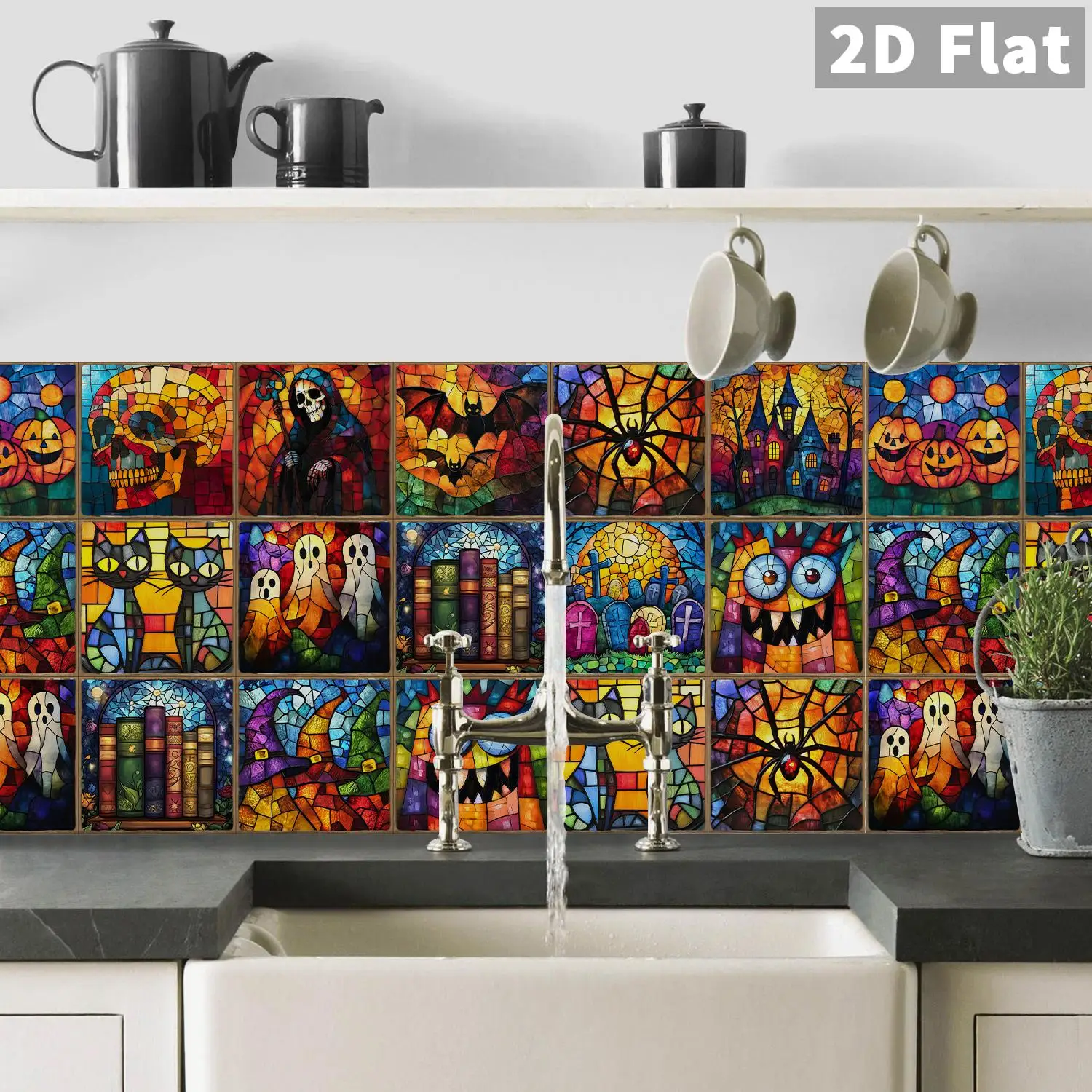 

Colorful glass mosaic Halloween elements ceramic tile stickers bathroom kitchen living room decoration stickers