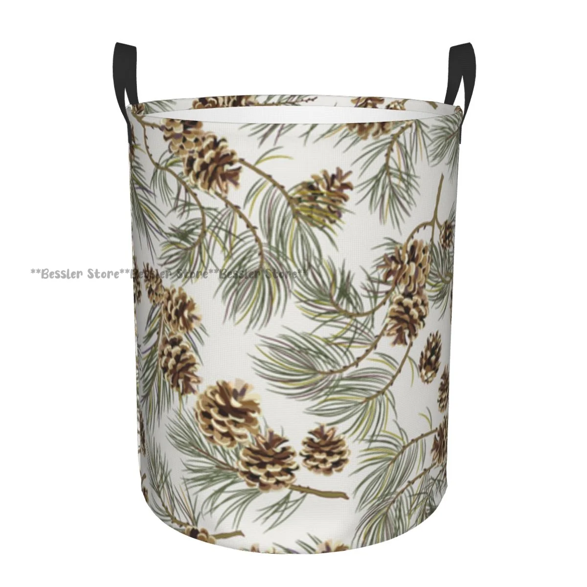 Laundry Basket Pine Cones Vintage Round Storage Bin Collapsible Hamper Clothes Bucket Organizer