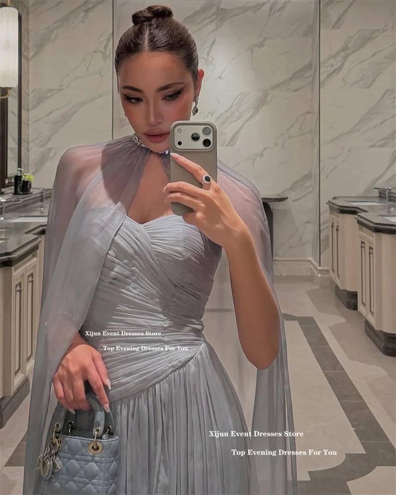 Xijun 우아한 쉬폰 롱 이브닝 드레스 스윗하트 A라인 케이프 프롬 드레스 플리츠 사우디아라비아 정장 프롬 가운 맞춤 제작