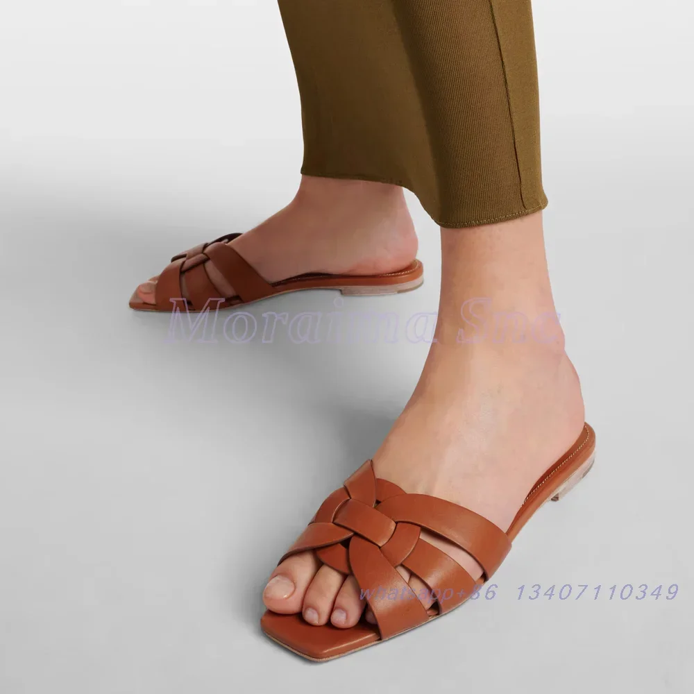

Summer Weave Flat With Slippers Square Toe Slip On Fashion Concise Women's Slides Casual Outdoor Brown Solid 2025 New Arrivals