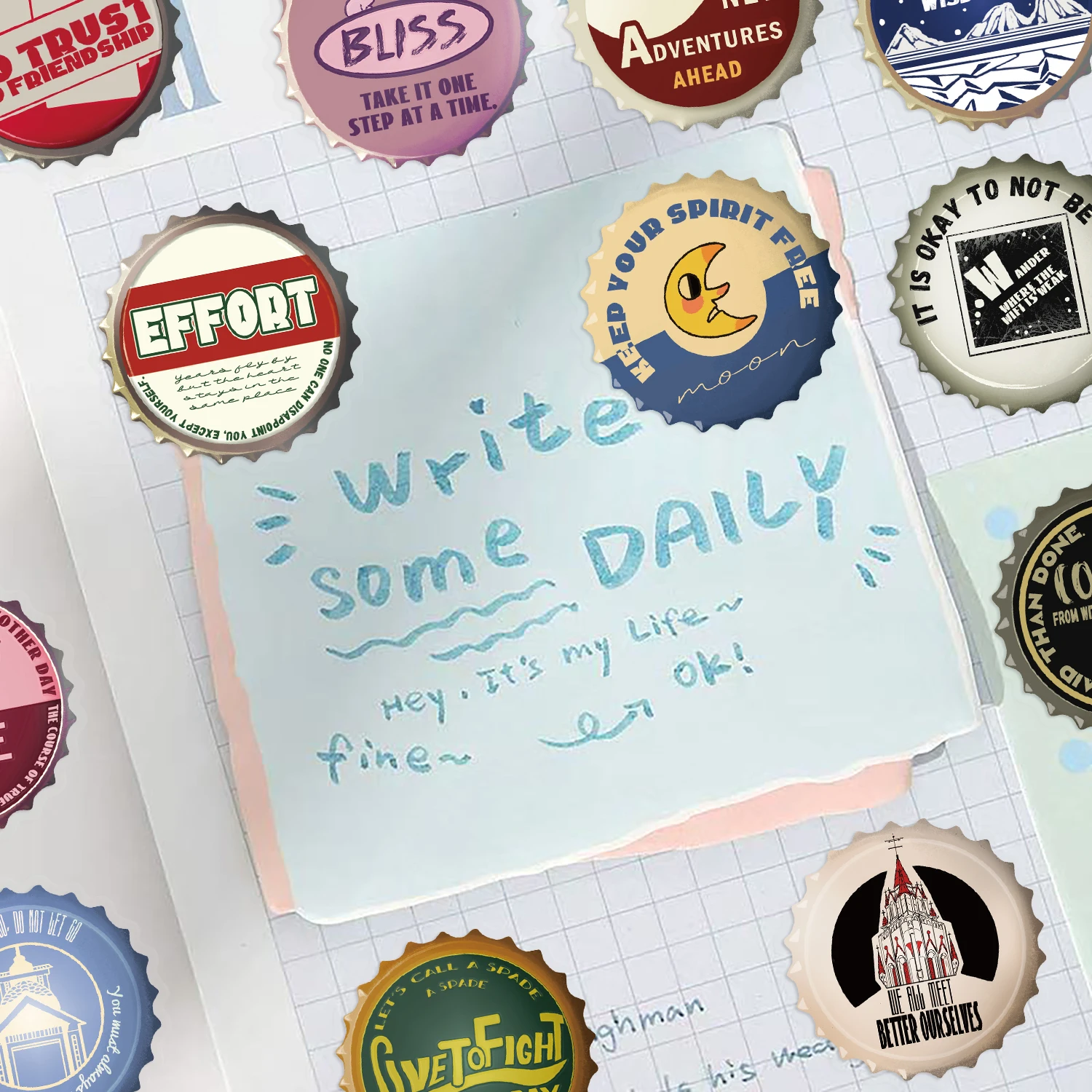 50pcs Bottle Cap Creativity Graffiti Stickers Suitable for Decorative Phone Case, Water Cup, Guitars, Creative Waterproof Decals