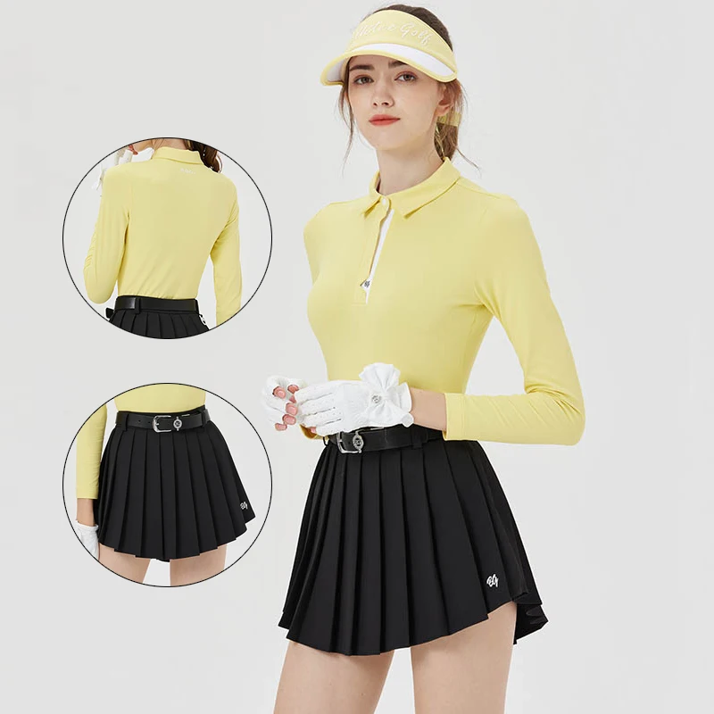 

Blktee Women Elastic Slim Golf Shirt Long Sleeve Lapel Tops Ladies Pleated Skirt A-lined Casual Culottes Golf Clothing Sets