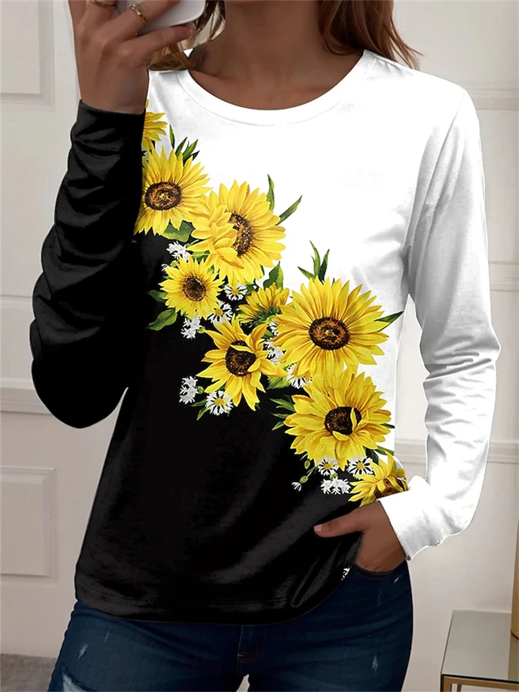 Women's Long-sleeved Sunflower Print T-shirt for Autumn Stylish Black and White Color Blocking Casual Street Style Women's Top