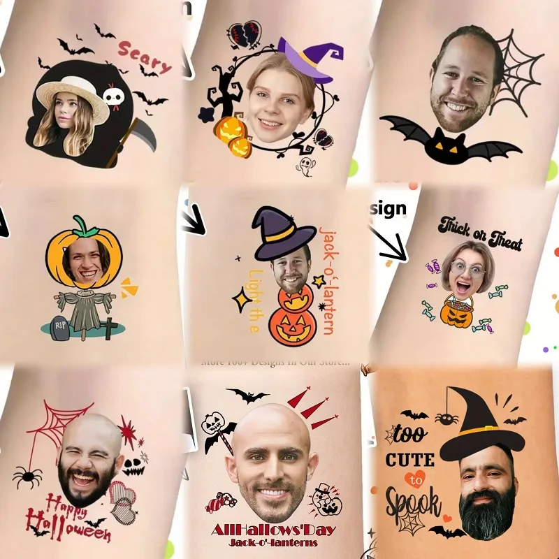 Naklejki tatuaże tymczasowe na Halloween z możliwością personalizacji: Dzień Zmarłych, świeca, duch, pajęczyna, nietoperz, czarodziej, dynia, oczy, makijaż imprezowy