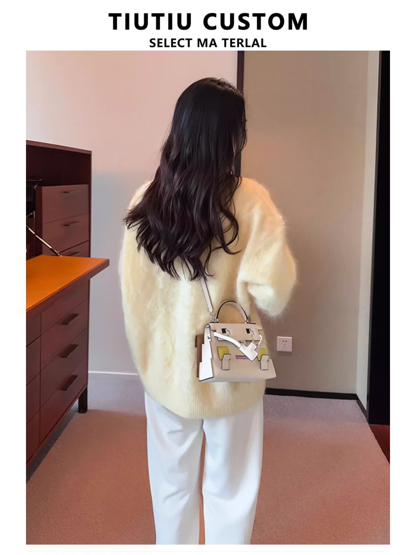 Mosaic  Face Robot Bag Top Layer Cowhide Leather Single Shoulder Crossbody Small Square Bag for Women Spring Summer