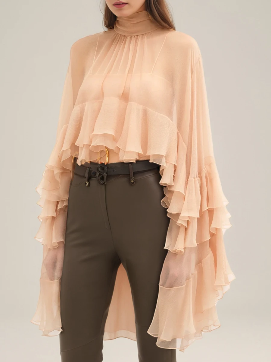TWOTWINSTYLE Solid Loose Sheer Blouses for Women High Neck Long Sleeves Patchwork Ruffles Folds Elegant Blouse Female Clothing