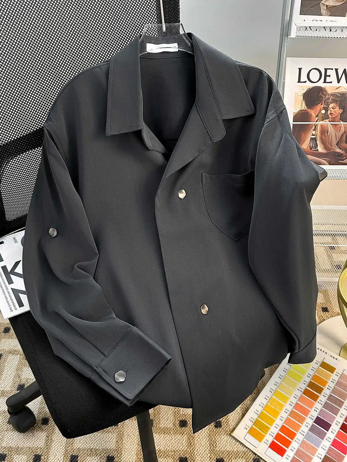 

Женские темно-серые рубашки с воротником поло, блузки Y2k, топ 2000-х годов, эстетичная винтажная элегантная рубашка большого размера с длинными рукавами, осень 2025 г.