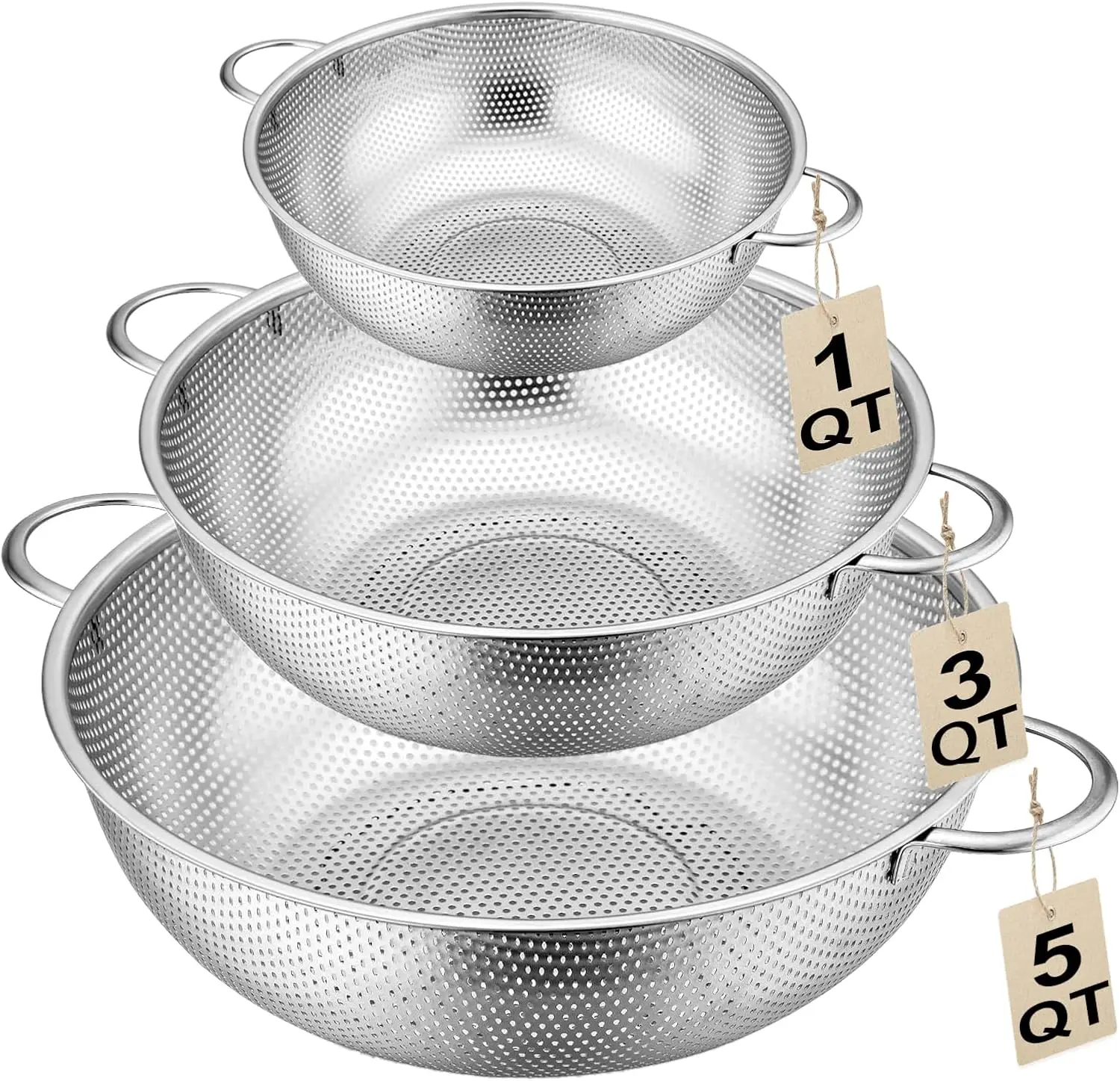 

3-Piece Stainless Steel Colander Set with Handles - 5Qt/3Qt/1Qt Nesting Strainers for Pasta, Veggies, Fruit Drainage, Micro-Hole
