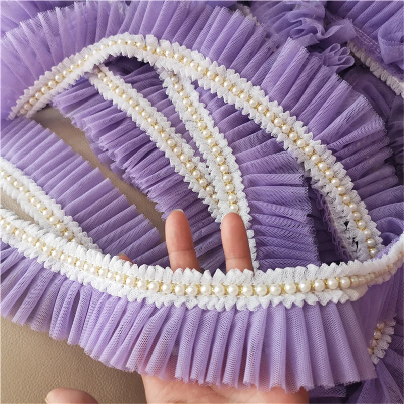 6CM Wide Double Layers Mesh Fabirc Pleated Lace Beaded Fringe Trim Ribbon Wedding Dress Garment Collar DIY Sewing Guipure Decor image 4