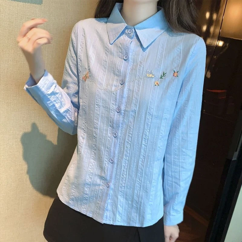 

Женская модная белая хлопковая рубашка 2026, весенне-осенняя блузка с длинными рукавами, элегантный повседневный офисный топ с вышивкой